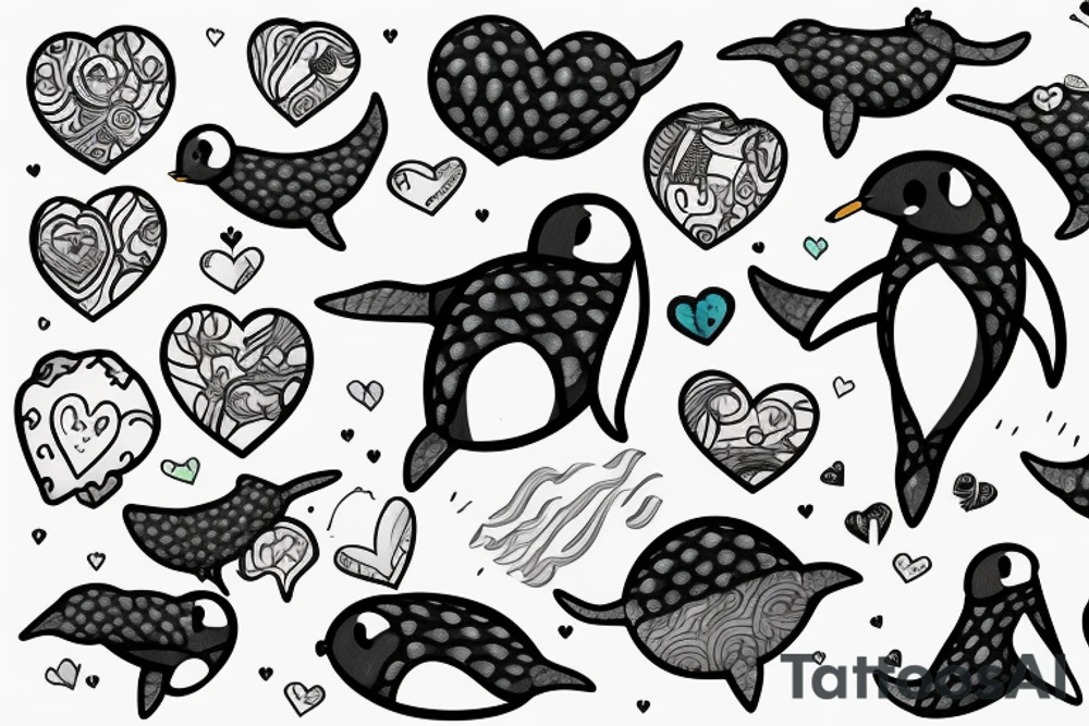 A narwhal with a penguin in a heart tattoo idea