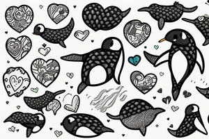 A narwhal with a penguin in a heart tattoo idea