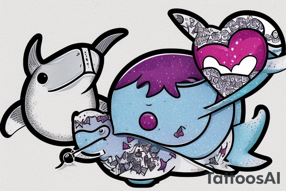A narwhal with a penguin in a heart tattoo idea