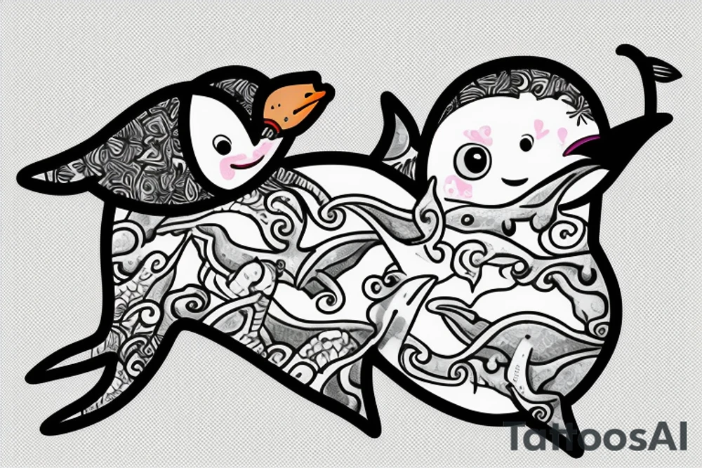 A narwhal with a penguin in a heart tattoo idea