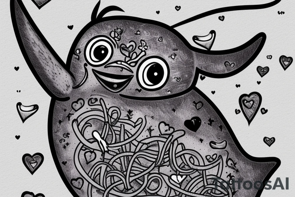 A narwhal with a penguin in a heart tattoo idea
