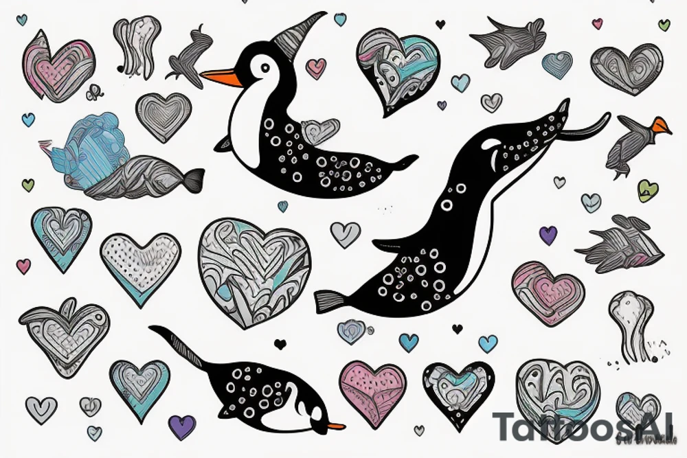 A narwhal with a penguin in a heart tattoo idea