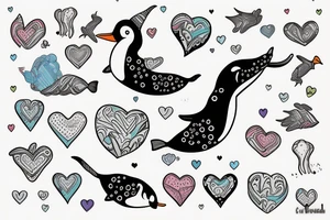 A narwhal with a penguin in a heart tattoo idea