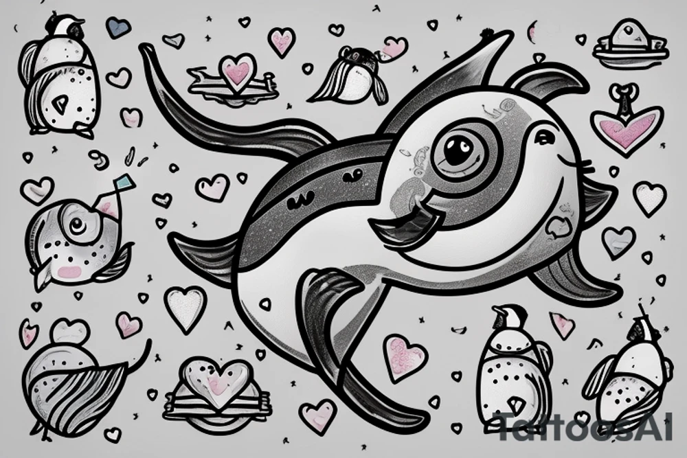 A narwhal with a penguin in a heart tattoo idea