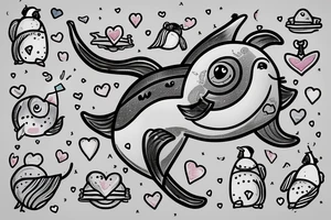 A narwhal with a penguin in a heart tattoo idea