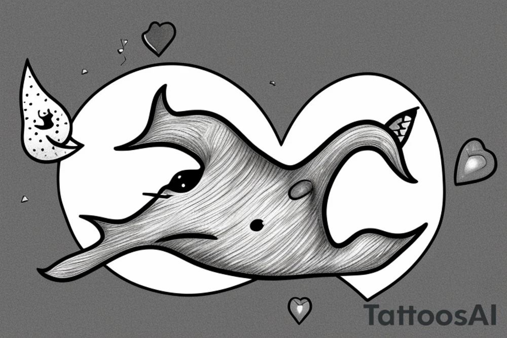 A narwhal with a penguin in a heart tattoo idea