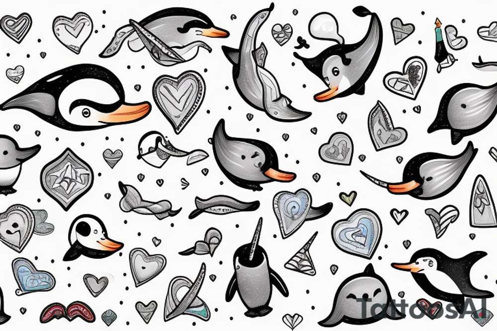 A narwhal and a penguin with a heart tattoo idea