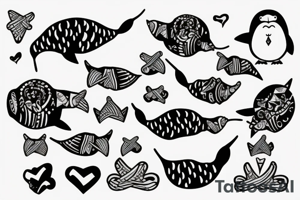 A narwhal and a penguin with a heart tattoo idea