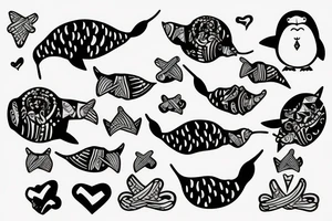 A narwhal and a penguin with a heart tattoo idea
