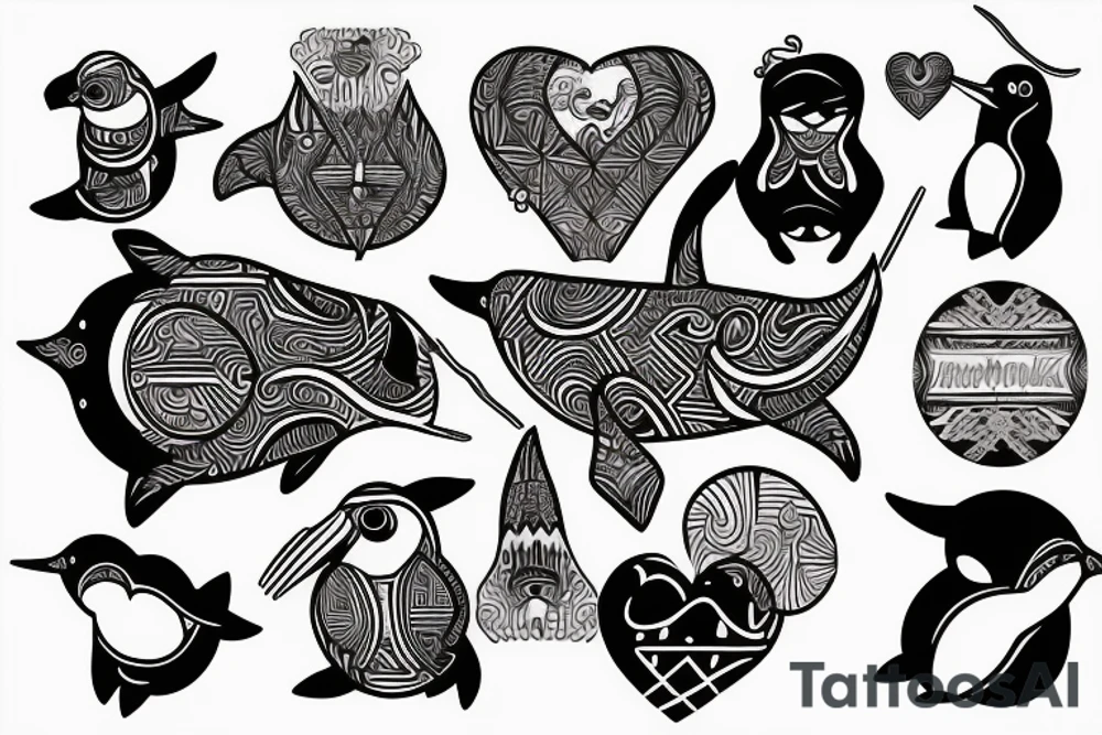 A narwhal and a penguin with a heart tattoo idea