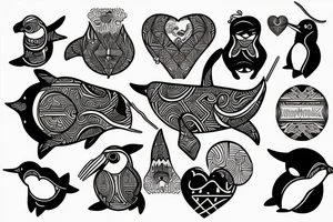 A narwhal and a penguin with a heart tattoo idea