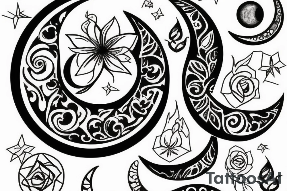 Crescent moon with a flower tattoo idea