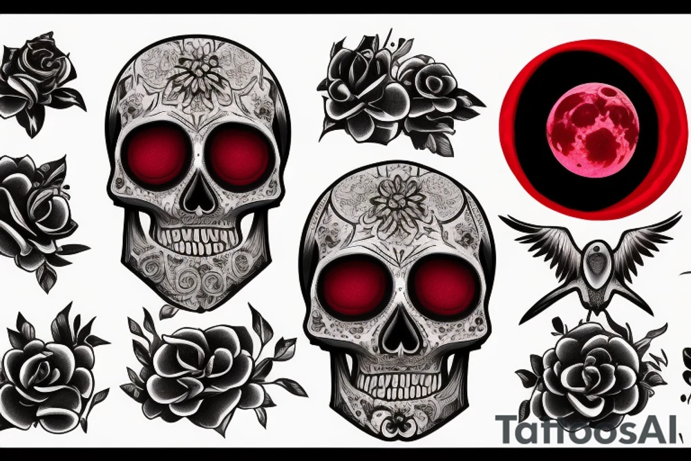 Blood moon, flower, skull, raven tattoo idea
