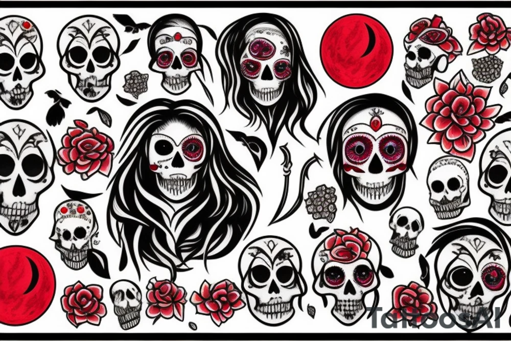 Blood moon, flower, skull, raven tattoo idea