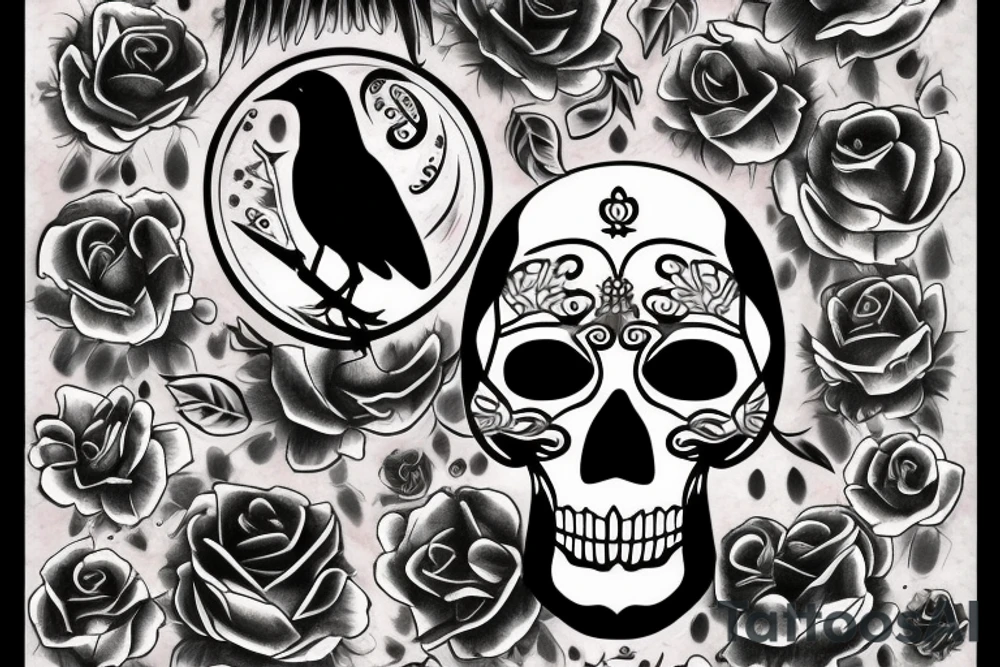 moon, flower, skull, raven tattoo idea