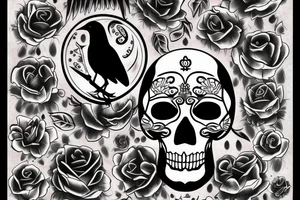 moon, flower, skull, raven tattoo idea