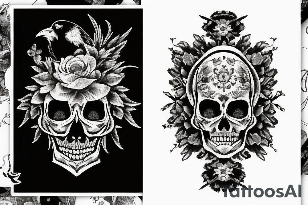 moon, flower, skull, raven tattoo idea