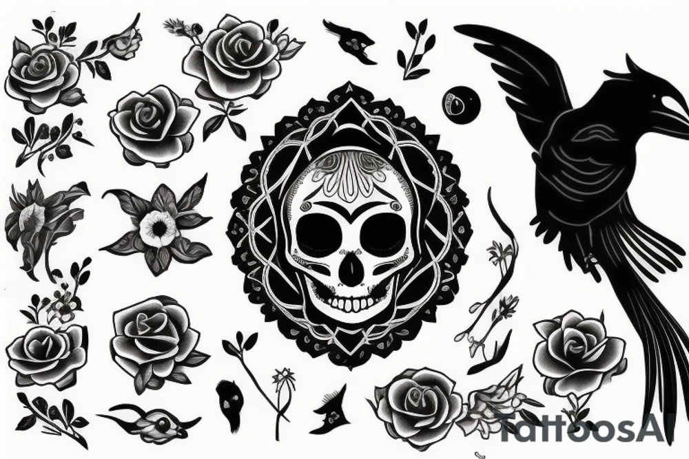 moon, flower, skull, raven tattoo idea