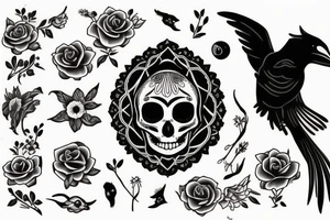 moon, flower, skull, raven tattoo idea