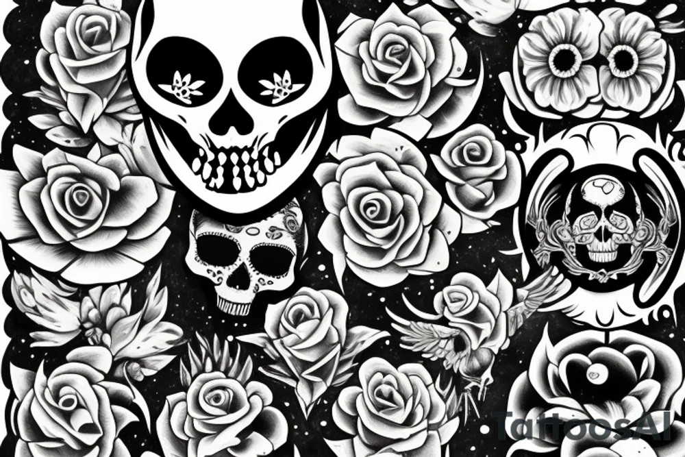 moon, flower, skull, raven tattoo idea
