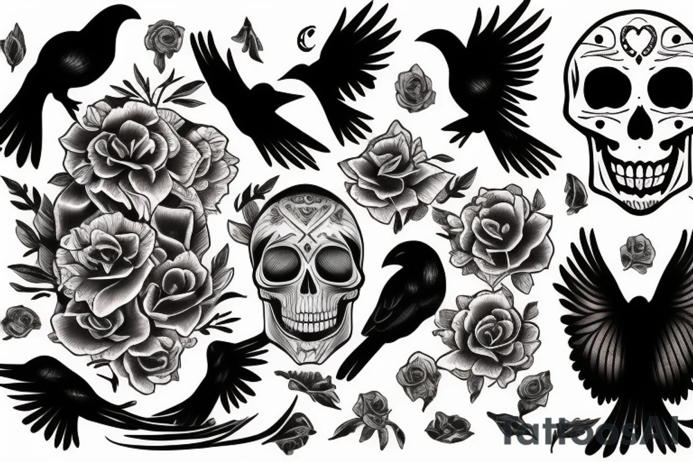 moon, flower, skull, raven tattoo idea