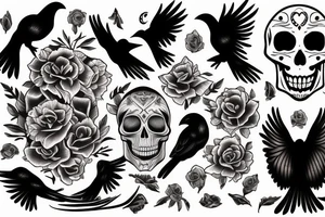 moon, flower, skull, raven tattoo idea