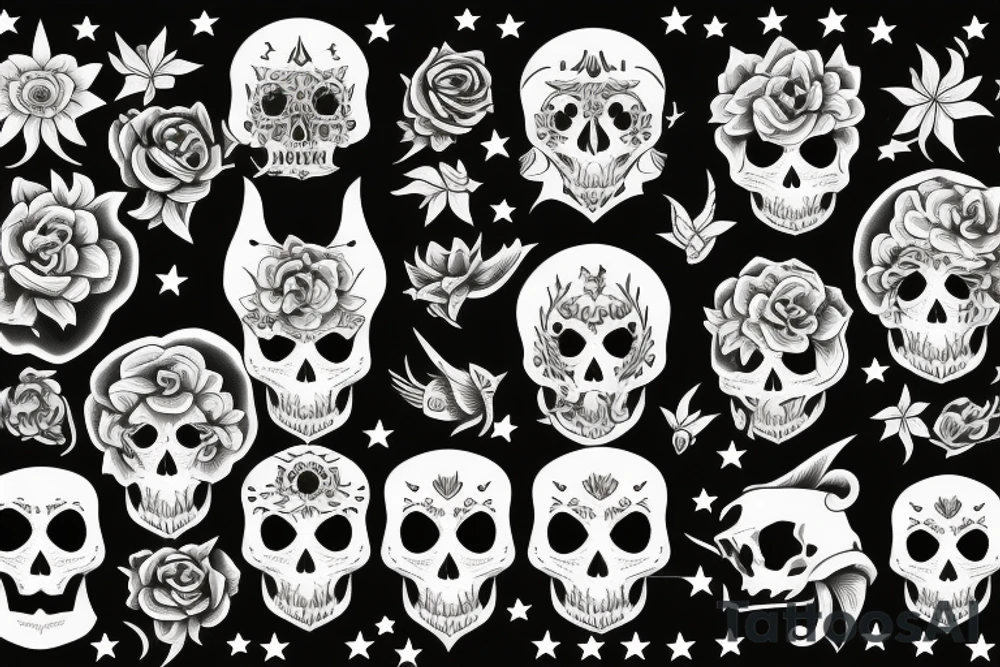 moon, flower, skull, raven, demon, devil, stars tattoo idea