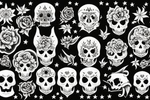 moon, flower, skull, raven, demon, devil, stars tattoo idea