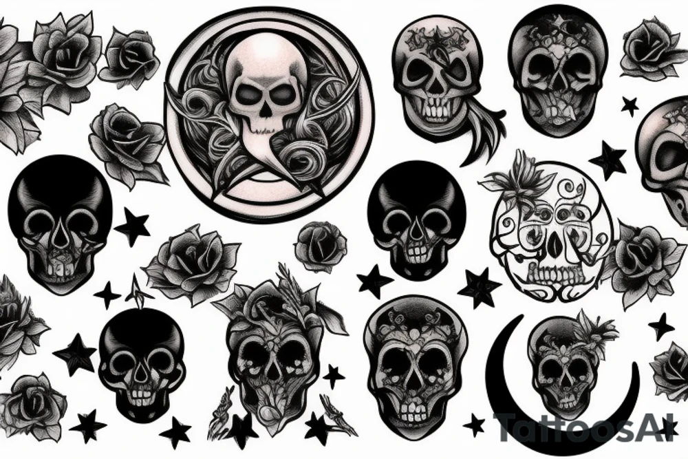 moon, flower, skull, raven, demon, devil, stars tattoo idea