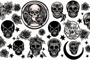 moon, flower, skull, raven, demon, devil, stars tattoo idea
