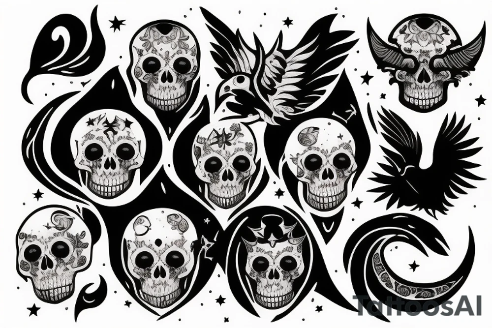 moon, flower, skull, raven, demon, devil, stars tattoo idea