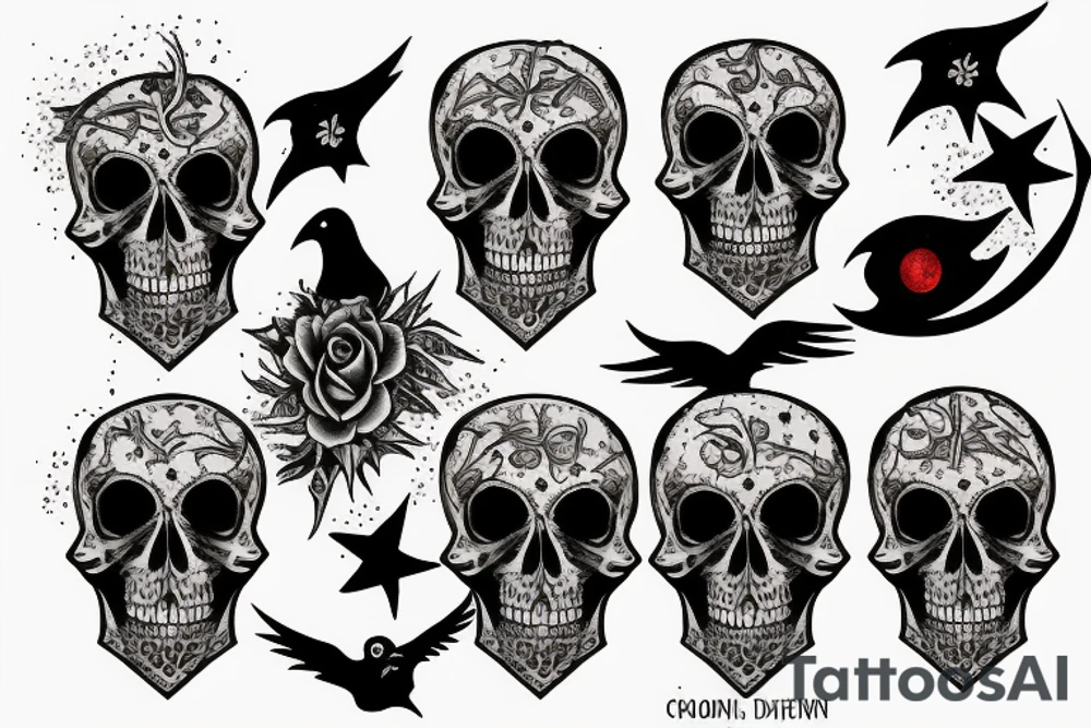 blood moon, flower, skull, raven, demon, star tattoo idea