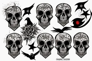 blood moon, flower, skull, raven, demon, star tattoo idea