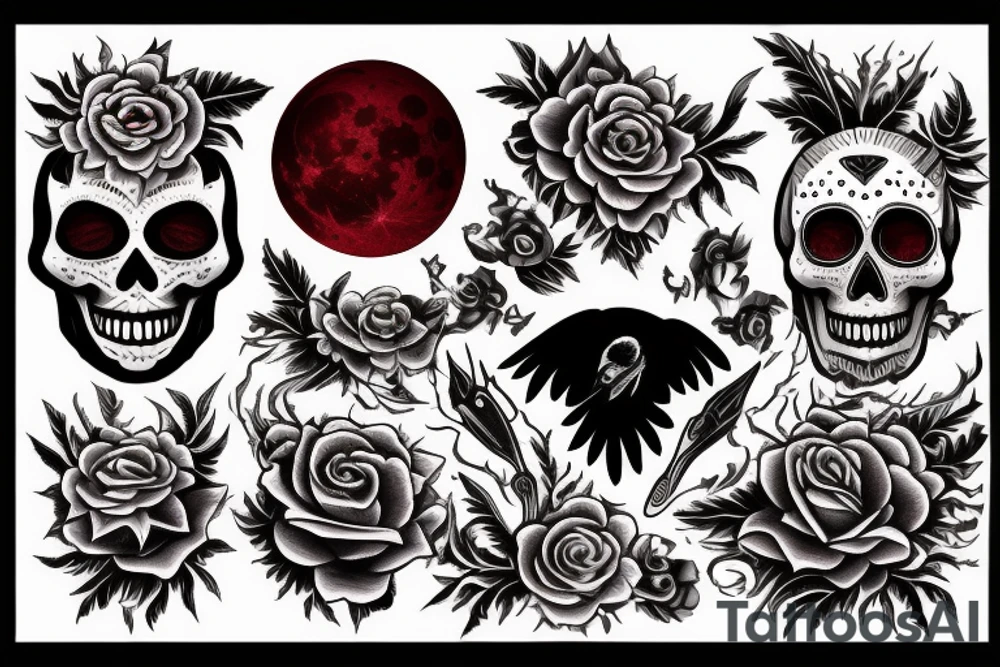 blood moon, flower, skull, raven, demon, star tattoo idea