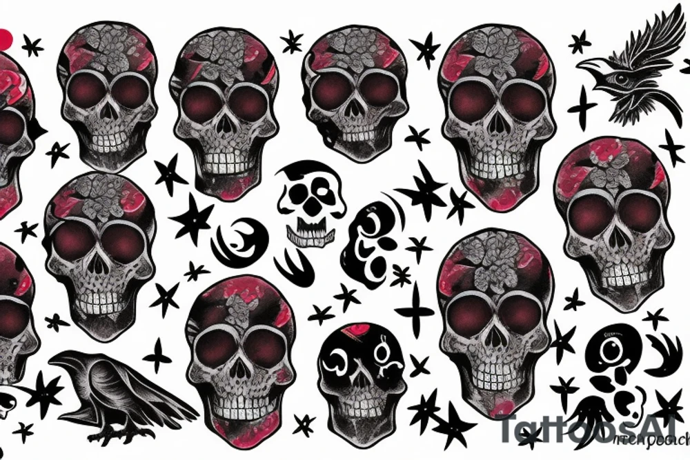 blood moon, flower, skull, raven, demon, star tattoo idea