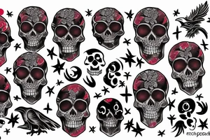 blood moon, flower, skull, raven, demon, star tattoo idea