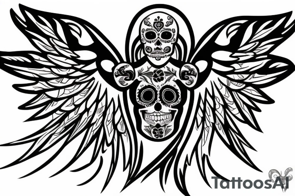 sugar skull, raven, wings, moon tattoo idea