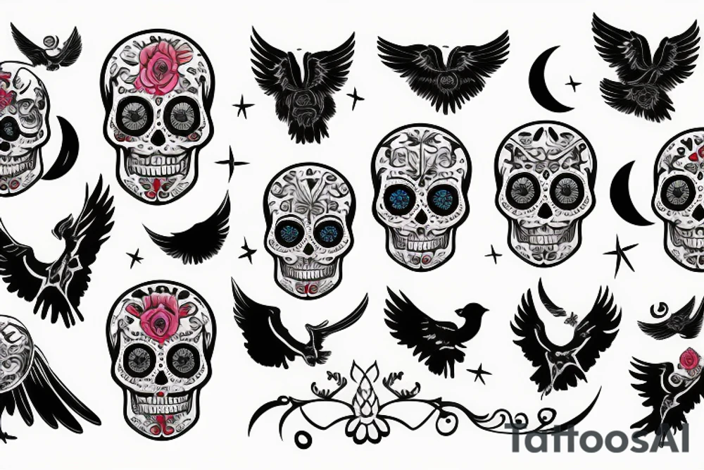 sugar skull, raven, wings, moon tattoo idea