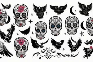sugar skull, raven, wings, moon tattoo idea