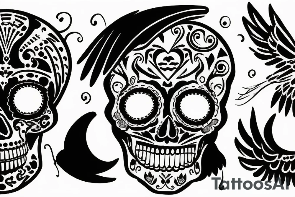 sugar skull, raven, wings, moon tattoo idea