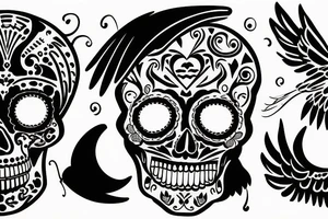 sugar skull, raven, wings, moon tattoo idea
