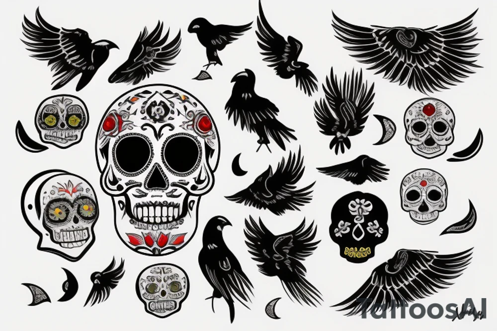 sugar skull, raven, wings, moon tattoo idea