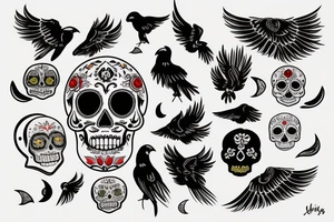 sugar skull, raven, wings, moon tattoo idea