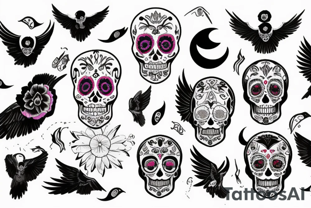 sugar skull, raven, wings, moon tattoo idea