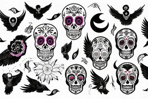 sugar skull, raven, wings, moon tattoo idea