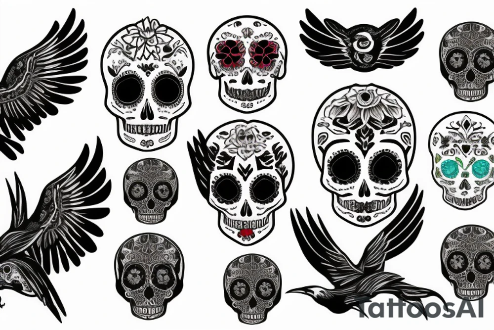 sugar skull, raven, wings, moon tattoo idea