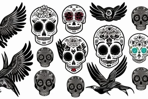 sugar skull, raven, wings, moon tattoo idea