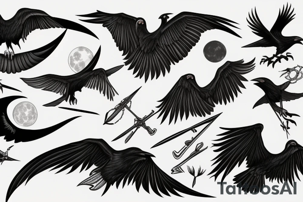 Raven, hunter, scythe, moon tattoo idea