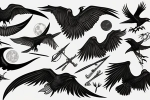 Raven, hunter, scythe, moon tattoo idea