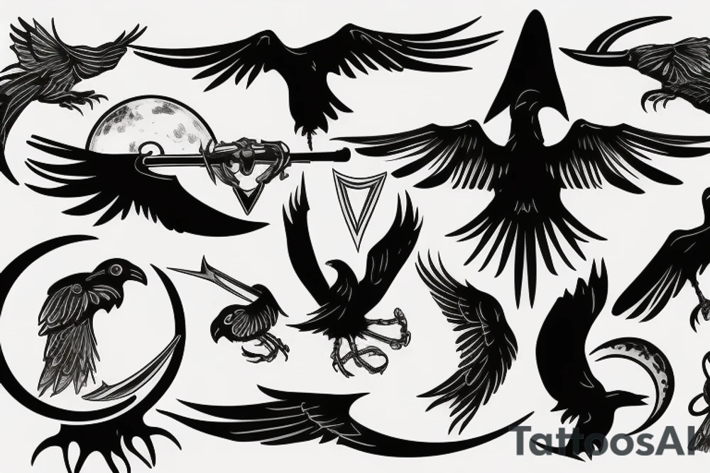 Raven, hunter, scythe, moon tattoo idea